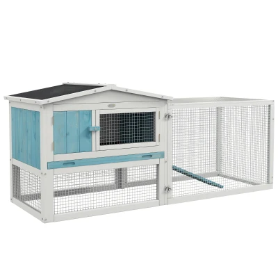 PawHut Wooden Rabbit Hutch Guinea Pig House with Removable Tray, Openable Roof, Trough, Run for Tortoises and Ferrets, Blue