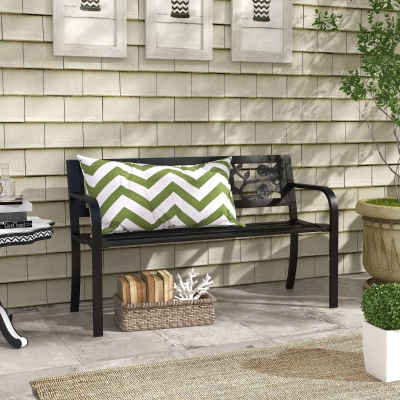 Outsunny 50" Outdoor Bench, Metal Frame Patio Loveseat with Floral Pattern Backrest, Cured Armrest, for Conservatory, Garden, Poolside, Deck, Black