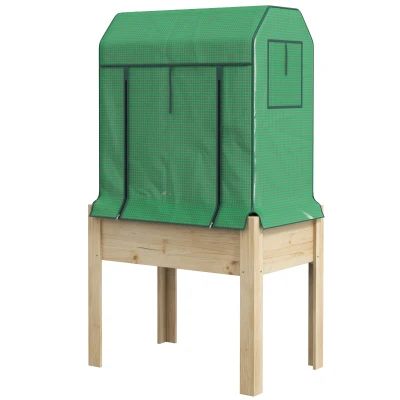 Outsunny Raised Planter Box with PE Greenhouse Cover and Bed Liner, Wooden Garden Bed for Vegetables, Flowers, Herbs