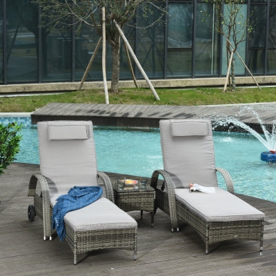 Outsunny Patio Rattan Lounge Set, Wheeled Wicker Chaise Lounge Chair and Table with Tempered Glass Top, Mixed Grey