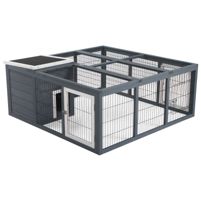 PawHut Large Wooden Rabbit Hutch, Outdoor Enclosure – Gray