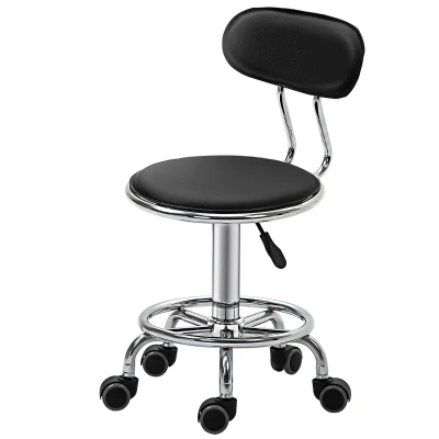 HOMCOM Faux Leather Salon Stool, Height Adjustable Rolling Stool with Footrest Ring, Back and Wheels for Beauty, Tattoo, Black