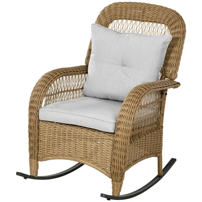 Outsunny Rattan Rocking Chair w/ Cushion, Garden Porch Furniturew, Light Grey