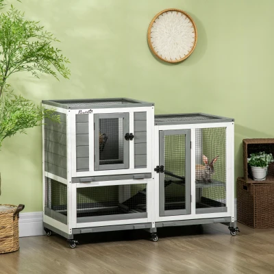 PawHut Three Story Wooden Rabbit Hutch, Gray