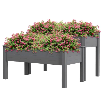 Outsunny 2 Tiers Wood Plant Raised Bed Flower Vegetable Herb Grow Box Stand Garden  Step Planter Stand Free Combination Grey