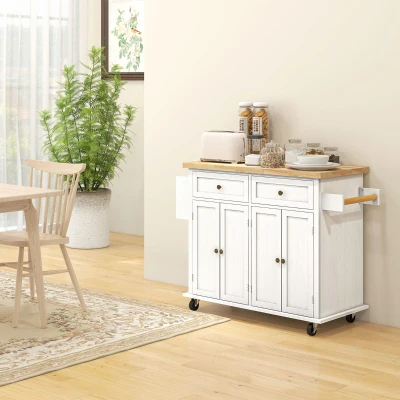 HOMCOM Modern Rolling Kitchen Island Cart with Spice Rack, White
