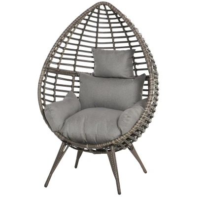 Outsunny Outdoor/Indoor Rattan Chair with Soft Cushion, Wicker Egg Lounge Chair for Backyard Garden Balcony Lawn, Light Grey