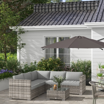 Outsunny 4 Pieces Rattan Wicker Outdoor Conversation Furniture Set w/ Corner Sofa Loveseats Coffee Table Cushions, Mixed Grey