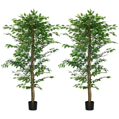 HOMCOM Set of 2 6ft Artificial Trees Ficus, Indoor Fake Plants with Pot, for Home Decor