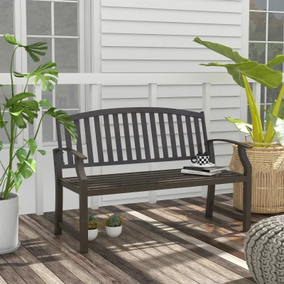 Outsunny 46" Outdoor Metal Garden Bench, Wood Look, Brown