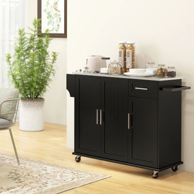 HOMCOM Kitchen Island with Wheels, Drawer & Stainless Steel Top, Black