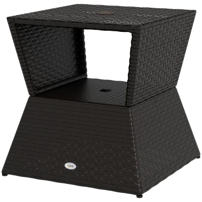 Outsunny Outdoor Patio Rattan Wicker Coffee Table Garden End Tea Table Bistro Side Table w/ Umbrella Hole, Dark Coffee