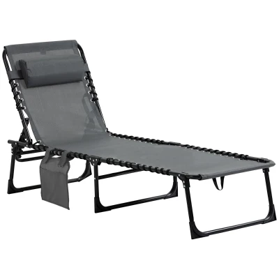 Outsunny Outdoor Folding Chaise Lounge, Reclining Lounge Chair with Adjustable Backrest and Removable Pillow, Grey