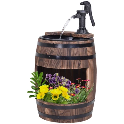 Outsunny Wooden Outdoor Fountain, Electrical Barrel Waterfall with 3600r/min Speed Pump for Patio, Backyard, Carbonized