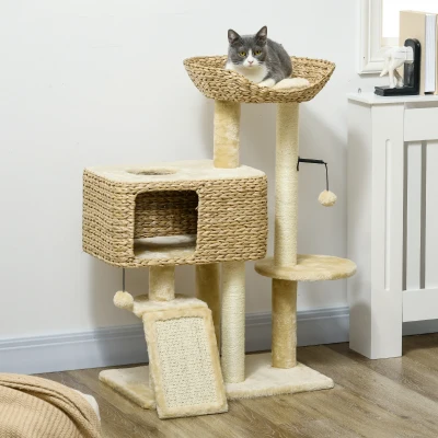 PawHut Cat Tree Condo Tower for Indoor Cats, Beige