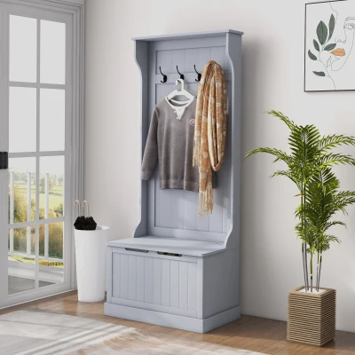 HOMCOM Hall Tree with Coat Rack, Storage Bench, and Hooks, Gray