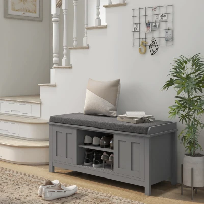 HOMCOM Modern Shoe Storage Bench with Cushion, Sliding Doors, Gray