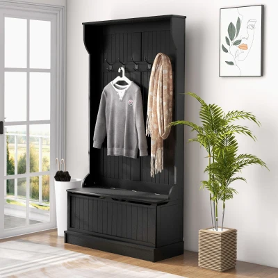 HOMCOM 3-in-1 Hall Tree Bench with Coat Rack & Shoe Storage, Black