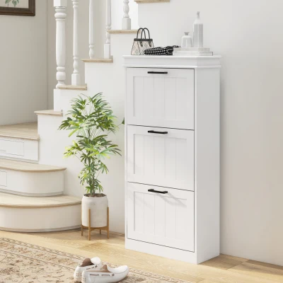 HOMCOM Modern Shoe Cabinet with 3 Flip Drawers, White