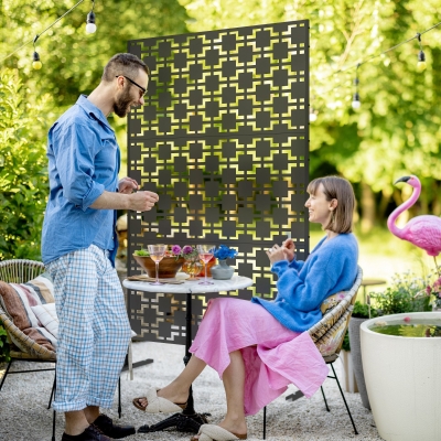 Outsunny 6.5FT Decorative Outdoor Divider, Metal Privacy Screen with Stand, Grid Style, Black