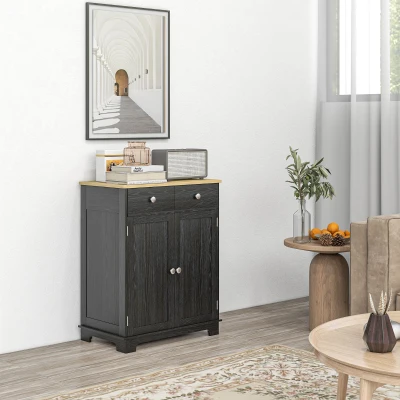 HOMCOM Kitchen Storage Cabinet, Distressed Black, Solid Wood Top