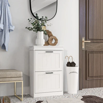 HOMCOM Modern White Shoe Cabinet with 2 Flip Drawers, 10 Pairs
