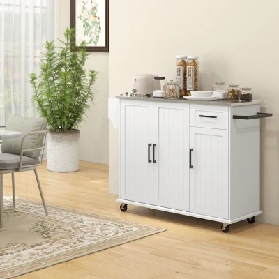 HOMCOM Rolling Kitchen Island with Storage & Stainless Steel Top, White