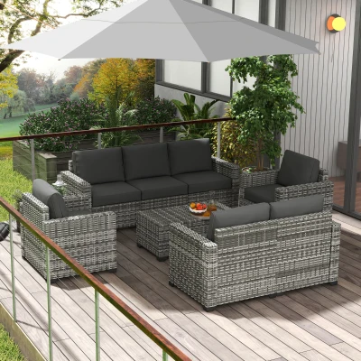 Outsunny Patio Furniture Set, Gray Sofa & Loveseat with Storage Table