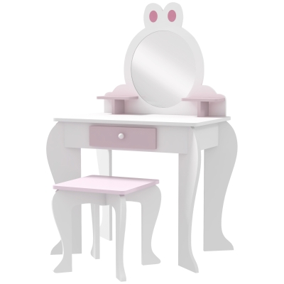 Qaba Kids Makeup Vanity Set with Stool, Mirror, Drawer, Storage Boxes, Rabbit Design, White