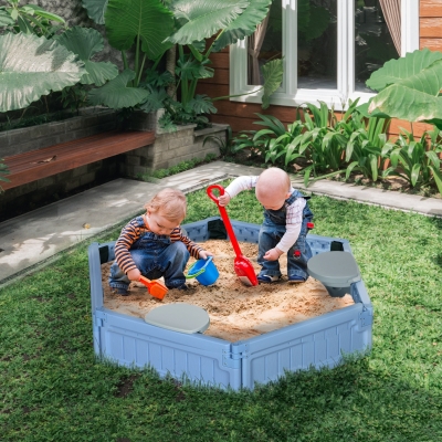 Outsunny Kids Sandbox with Cover, 3 Seats, Bottom Liner, for 3-12 Years Old, Light Blue