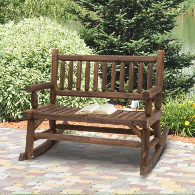 Outsunny 2-Person Wood Patio Rocker, Outdoor Rocking Chair, Porch Rocking Bench with Slat Back and Seat, Carbonized Colour