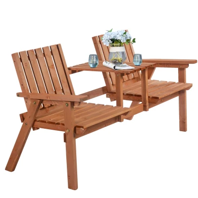 Outsunny Garden Bench for 2 Persons with Middle Table and Umbrella Hole, 2-Seater Outdoor Wooden Bench with Slat Design, Orange