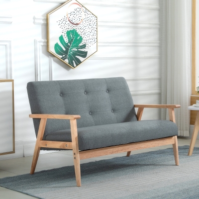 HOMCOM 45" 2 Seat Sofa, Upholstered Two Seater Couch with Rubber Wood Legs for Bedroom, Living Room, Dark Grey