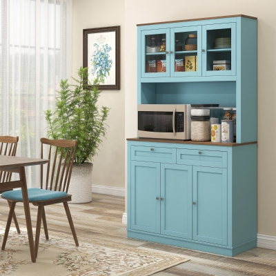 HOMCOM 71" Pantry Cabinet with Microwave Space, Buffet with Hutch, 2 Drawers, Adjustable Shelves and Glass Doors, Blue