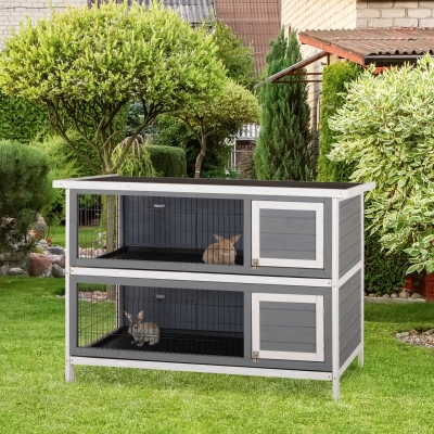 PawHut 2 Tier Wooden Rabbit Hutch Bunny Pet House Wooden Coop Run, Grey