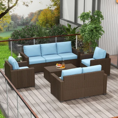 Outsunny Patio Furniture Set, Sofa & Loveseat with Cushions, Blue