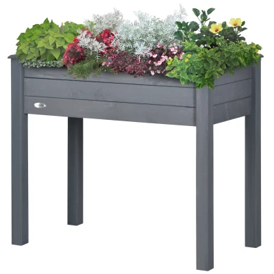 Outsunny 34"x18"x30" Wooden Raised Garden Bed, Elevated Planter Box with Legs, Drainage Holes, Inner Bag for Garden, Dark Grey