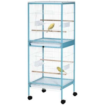 PawHut 55″ 2 In 1 Bird Cage Aviary Parakeet House for finches, budgies with Wheels, Light Blue