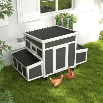 PawHut Wooden Chicken Coop for 6 Chickens, Dark Gray
