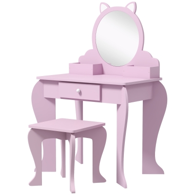 Qaba Makeup Vanity with Mirror and Stool, Cat Design, Drawer, Storage Boxes, for 3-6 Years Old, Pink