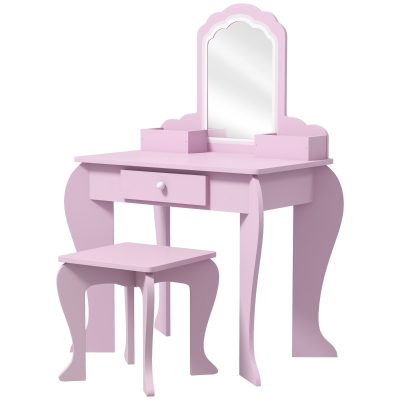 Qaba Makeup Vanity with Mirror and Stool, Cloud Design, Drawer, Storage Boxes, for 3-6 Years Old, Pink