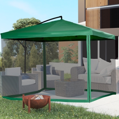 Outsunny Offset Patio Umbrella with Net and Umbrella Base, Adjustable Cantilever Canopy with Cross Base, Weight Plates and 8 Ribs for Backyard, Poolside, Garden, Green