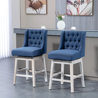 HOMCOM Set of 2 Swivel Counter-Height Bar Stools, Tufted Linen, Blue