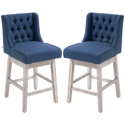HOMCOM Set of 2 Swivel Counter-Height Bar Stools, Tufted Linen, Blue