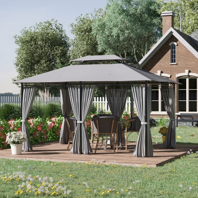 Outsunny 10' x 13' Patio Gazebo, 2-Tiers Outdoor Canopy Sunshade Shelter with Curtains, Dark Grey