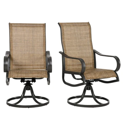 Outsunny 2-Piece Swivel Patio Dining Chairs, 360° Swivel Rocking Outdoor Chairs with Curved Armrests, Breathable Mesh Seat & S Shape Backrest for Yard, Lawn, Porch, Brown