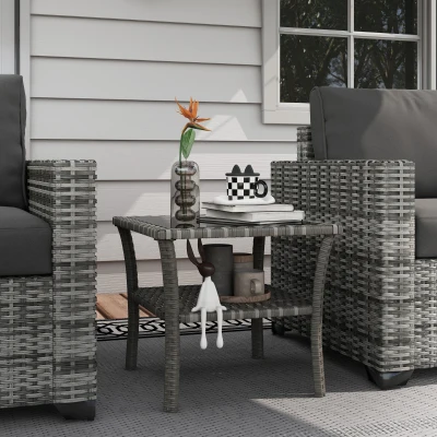 Outsunny Rattan Side Table, Outdoor Coffee Table with Storage, Gray