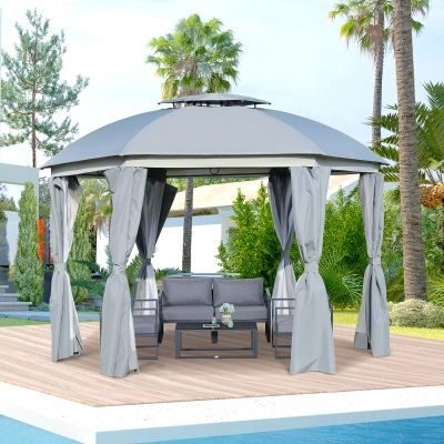 Outsunny 12' x 12' Outdoor Gazebo Canopy, Dome Patio Gazebo Netting Sidewalls and Curtains, Double Vented Roof, Dark Grey