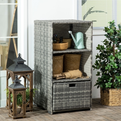 Outsunny Outdoor Storage Cabinet, Patio Storage Box Rack Rattan Wicker Pool Towel Valet Organizer Poolside Garden Lawn Bathroom Furniture Shelf w/ Shelf Drawer, Mixed Grey