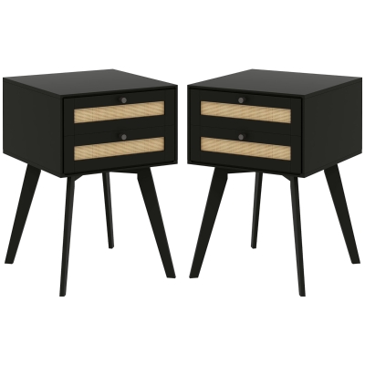 HOMCOM Boho Night Stands Set of 2, Bedside Tables with 2 Rattan Drawers, Square End Tables for Bedroom, Living Room